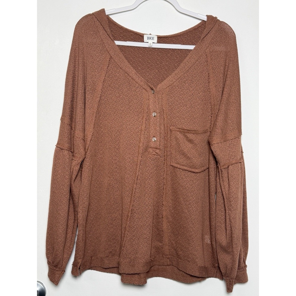 BKE Women's Hooded Henley Top Large Rust Lightweight Knit Pocket Shirt Oversized